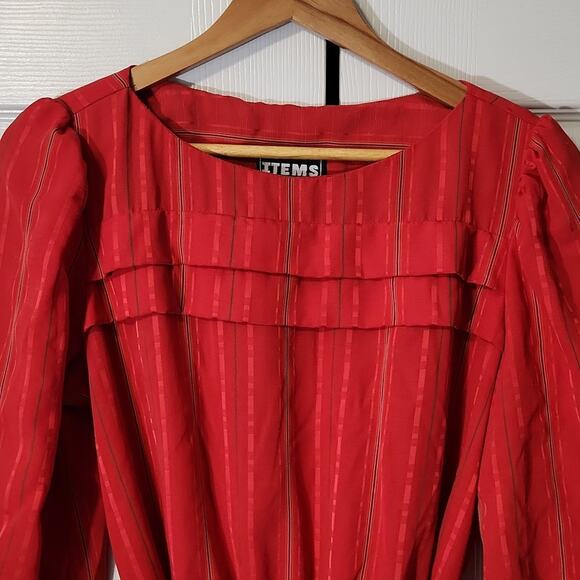 Vintage Items California Red Striped Dress Size LG Elastic Waist Puff Sleeves - Picture 6 of 9